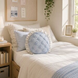 Teen Home Blue Round Ruffle Toss Pillow Floral Smocked Decorative Accent New